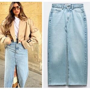 ZARA denim skirt front slit blogger favorite split hem